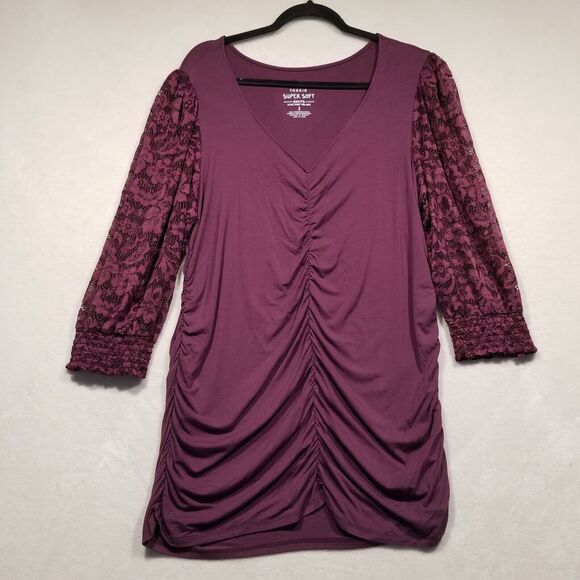 Torrid 2 (2X) Top Super Soft Knits Tunic Lace Sleeves Purple Whimsigoth Witchy - Picture 1 of 10